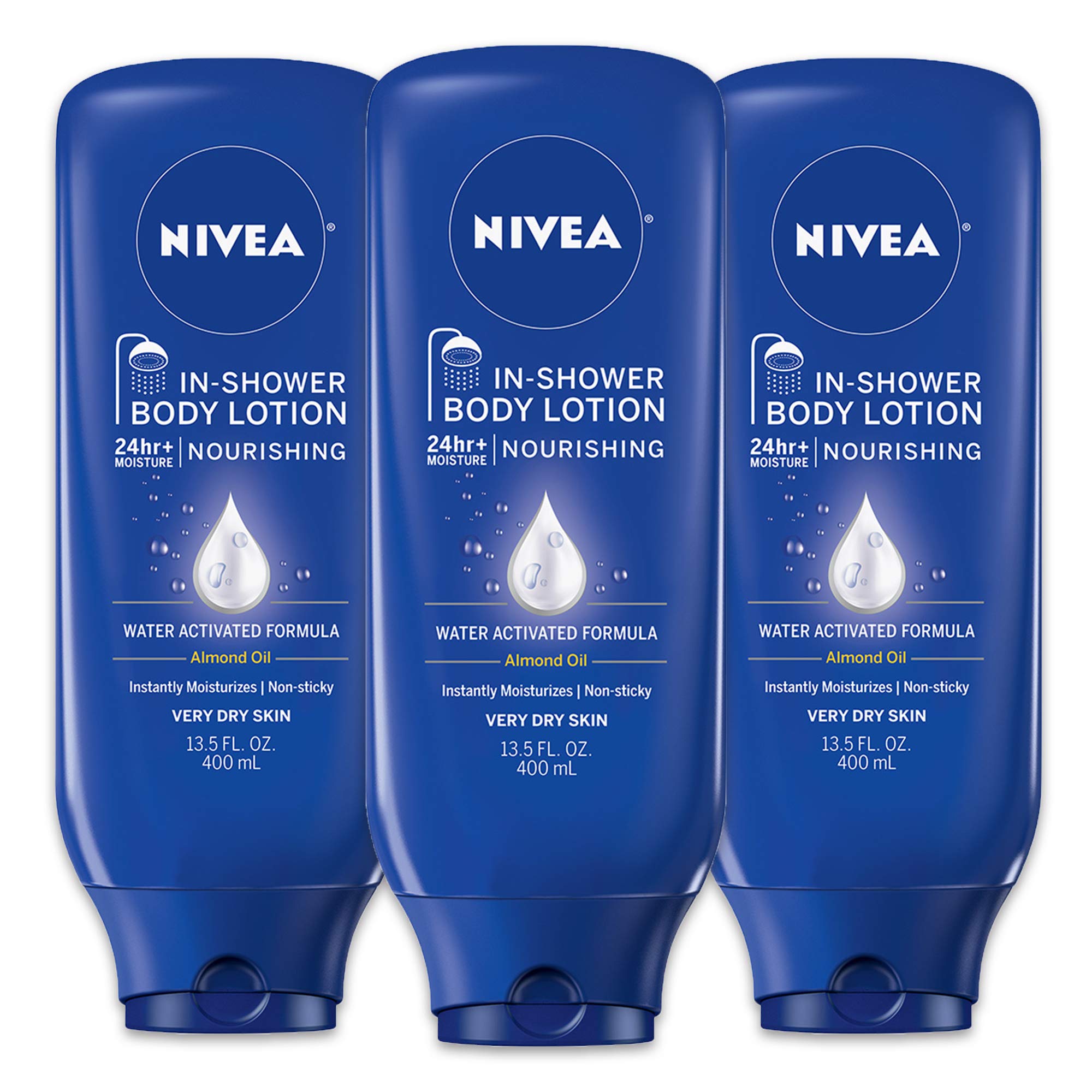 NIVEA Nourishing In Shower Lotion 3-pack bottle front for easy daily moisture