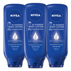 NIVEA Nourishing In Shower Lotion 3-pack bottle front for easy daily moisture