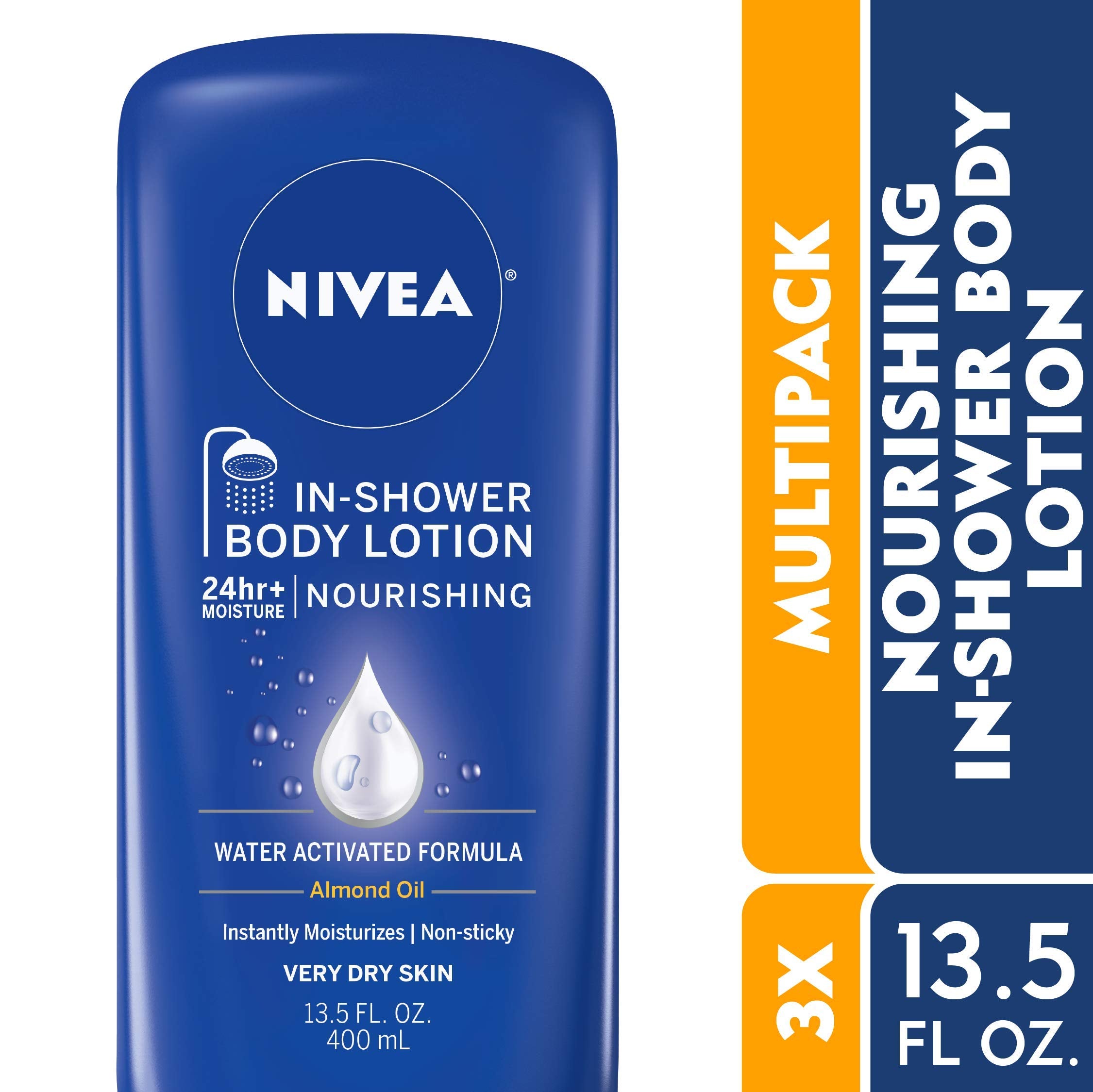 Close-up of NIVEA Nourishing In Shower Lotion almond oil label