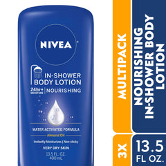 Close-up of NIVEA Nourishing In Shower Lotion almond oil label