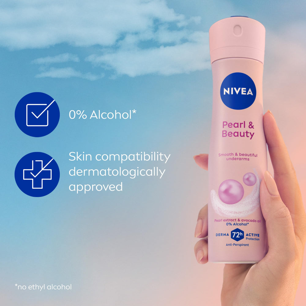 NIVEA Pearl Beauty Spray in action, quick and lightweight protection.