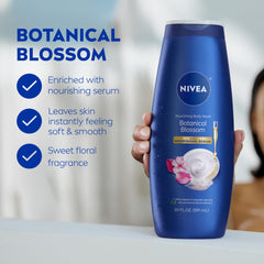NIVEA Nourishing Botanical Blossom bottle pours creamy lather for shaving.