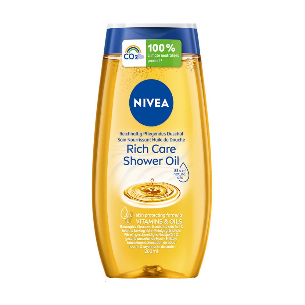 NIVEA Rich Care Shower Oil botella: hidratación profunda para piel seca durante la ducha.