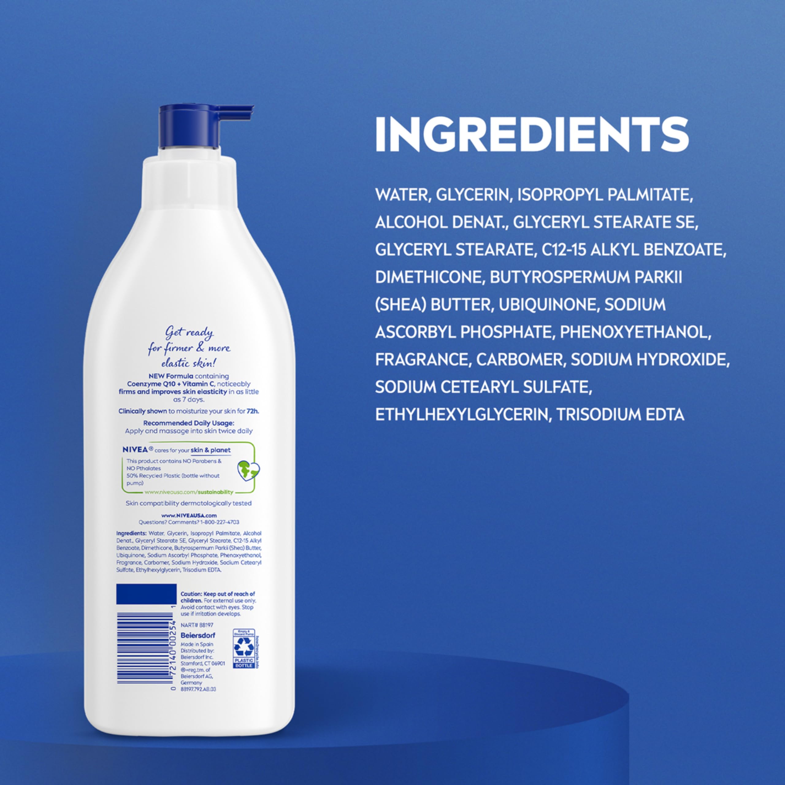 NIVEA packaging uses 50% recycled plastic to reduce waste.