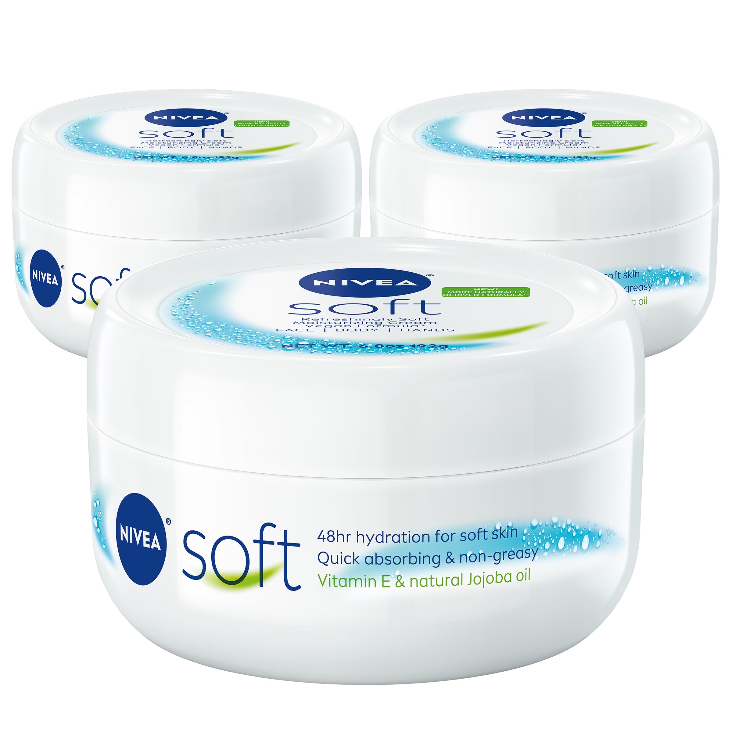 NIVEA Soft cream front view in jar showing universal hydration for face, body and hands.