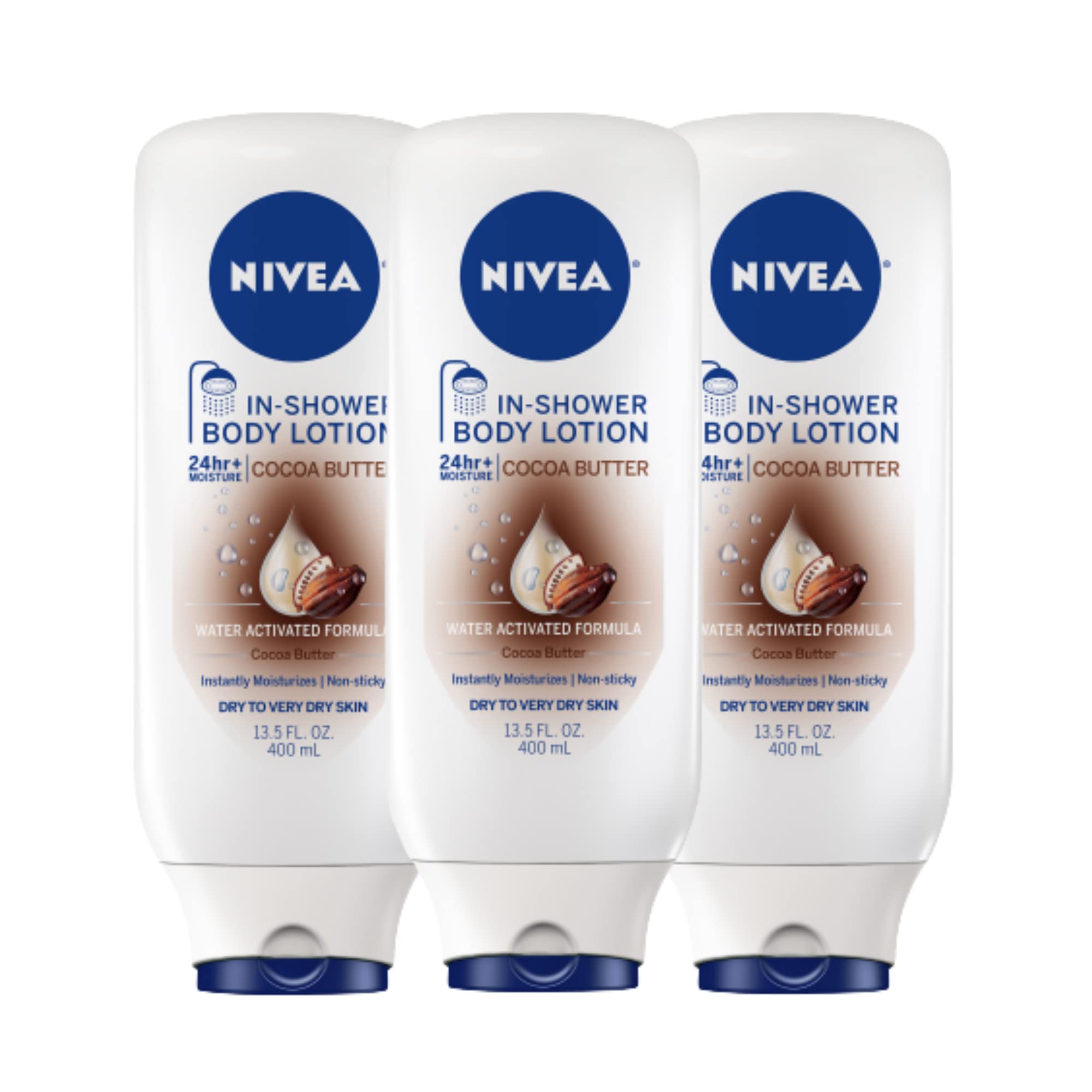 Conjunto de tres botellas de loción de ducha NIVEA con manteca de cacao para hidratación diaria.