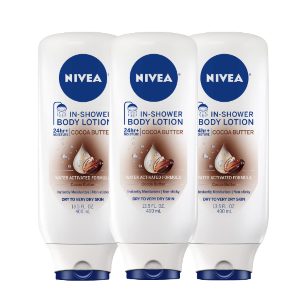 Conjunto de tres botellas de loción de ducha NIVEA con manteca de cacao para hidratación diaria.