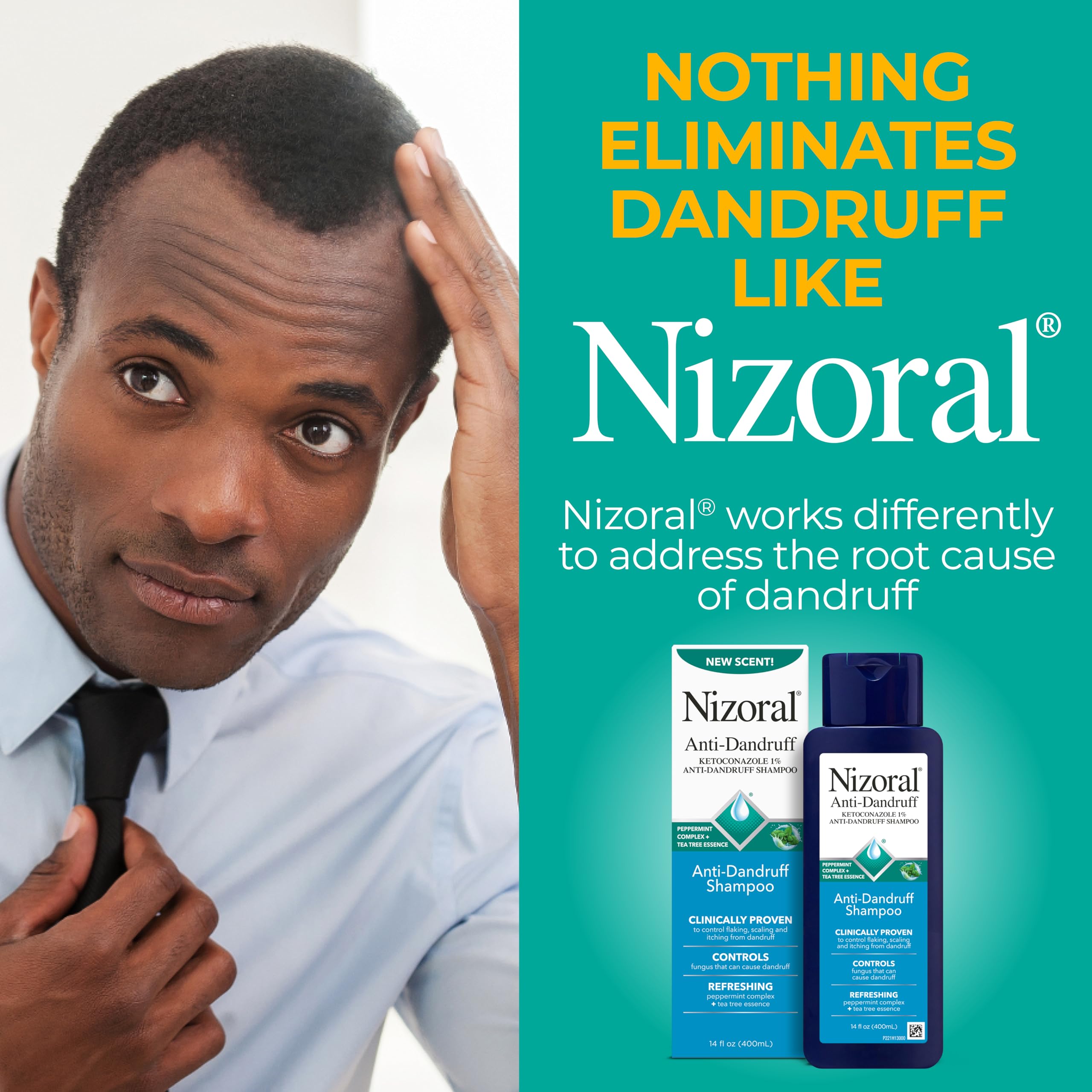 Nizoral 14 oz packaging front indicating long-lasting supply.