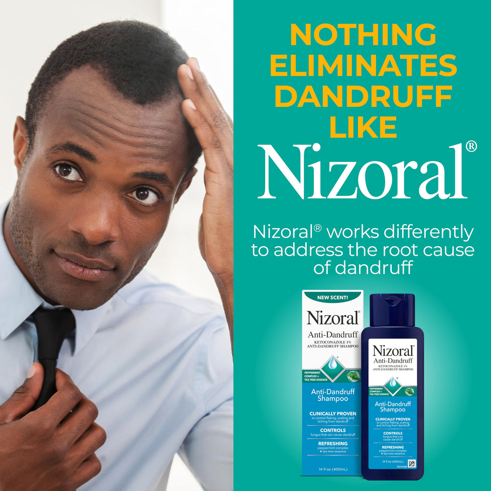 Nizoral 14 oz packaging front indicating long-lasting supply.