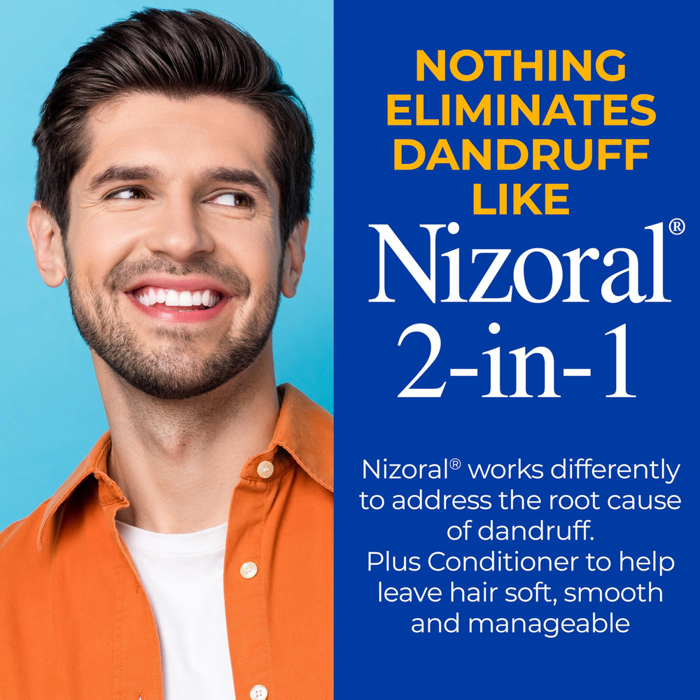 Nizoral 2-in-1 conditioner bottle demonstrates added softness and manageability