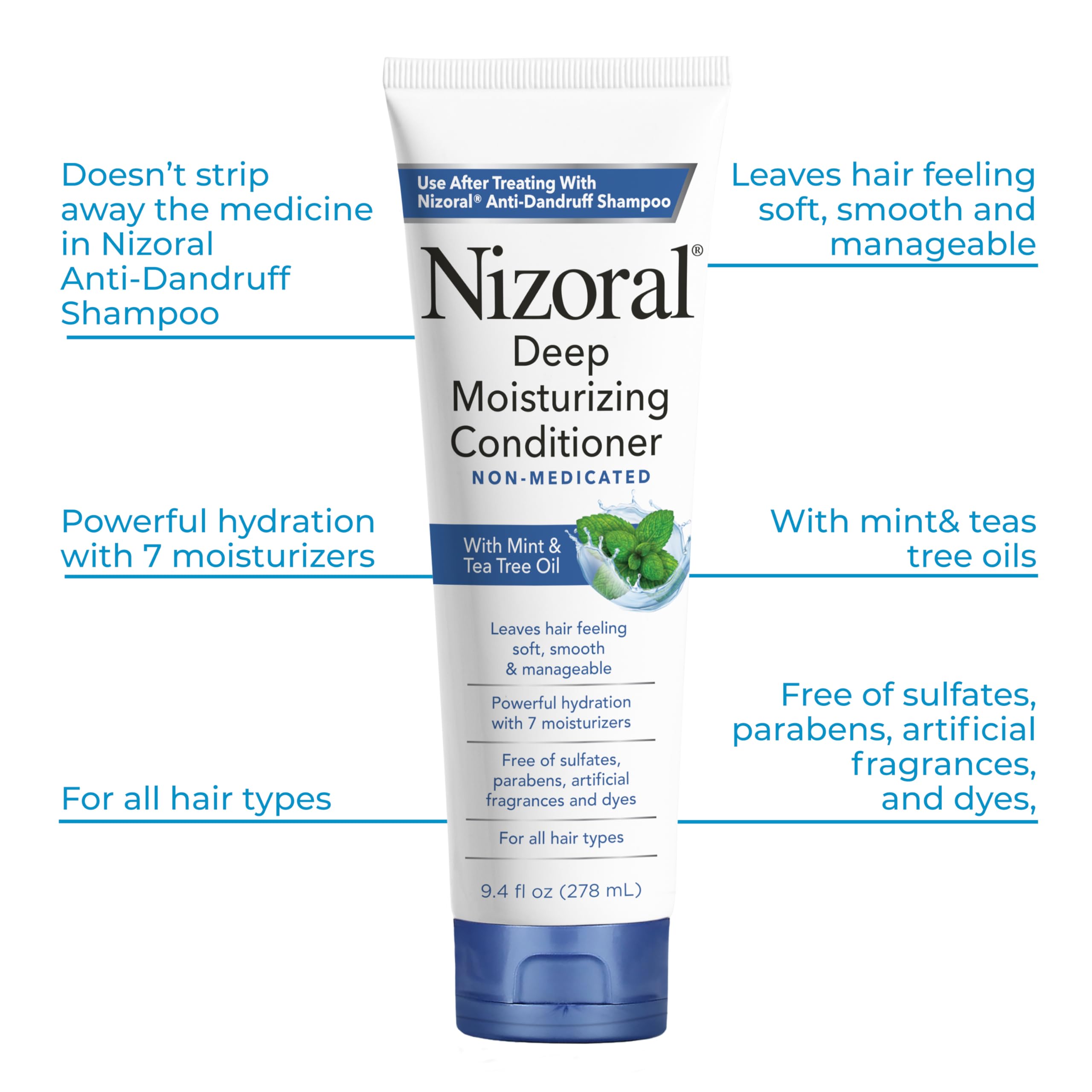Nizoral all hair types icon emphasizes safe use with color-treated hair.