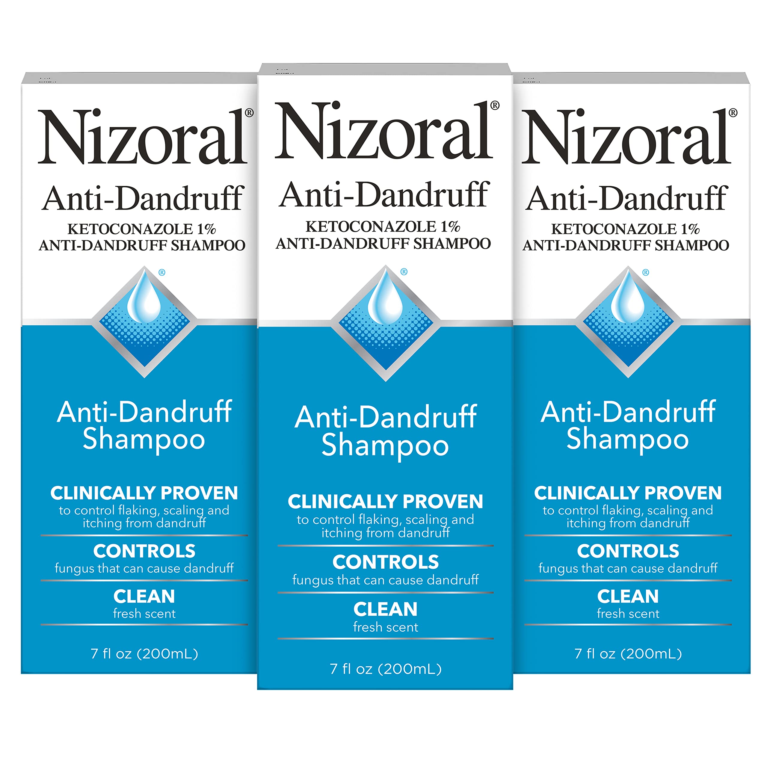 Nizoral anti-dandruff shampoo bottle with fresh scent promotes a clean, flake-free scalp.