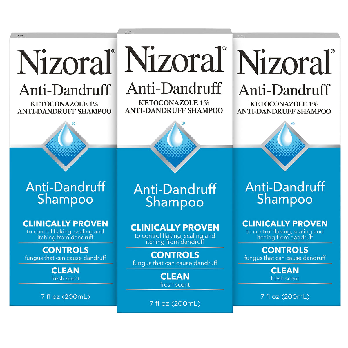 Nizoral anti-dandruff shampoo bottle with fresh scent promotes a clean, flake-free scalp.