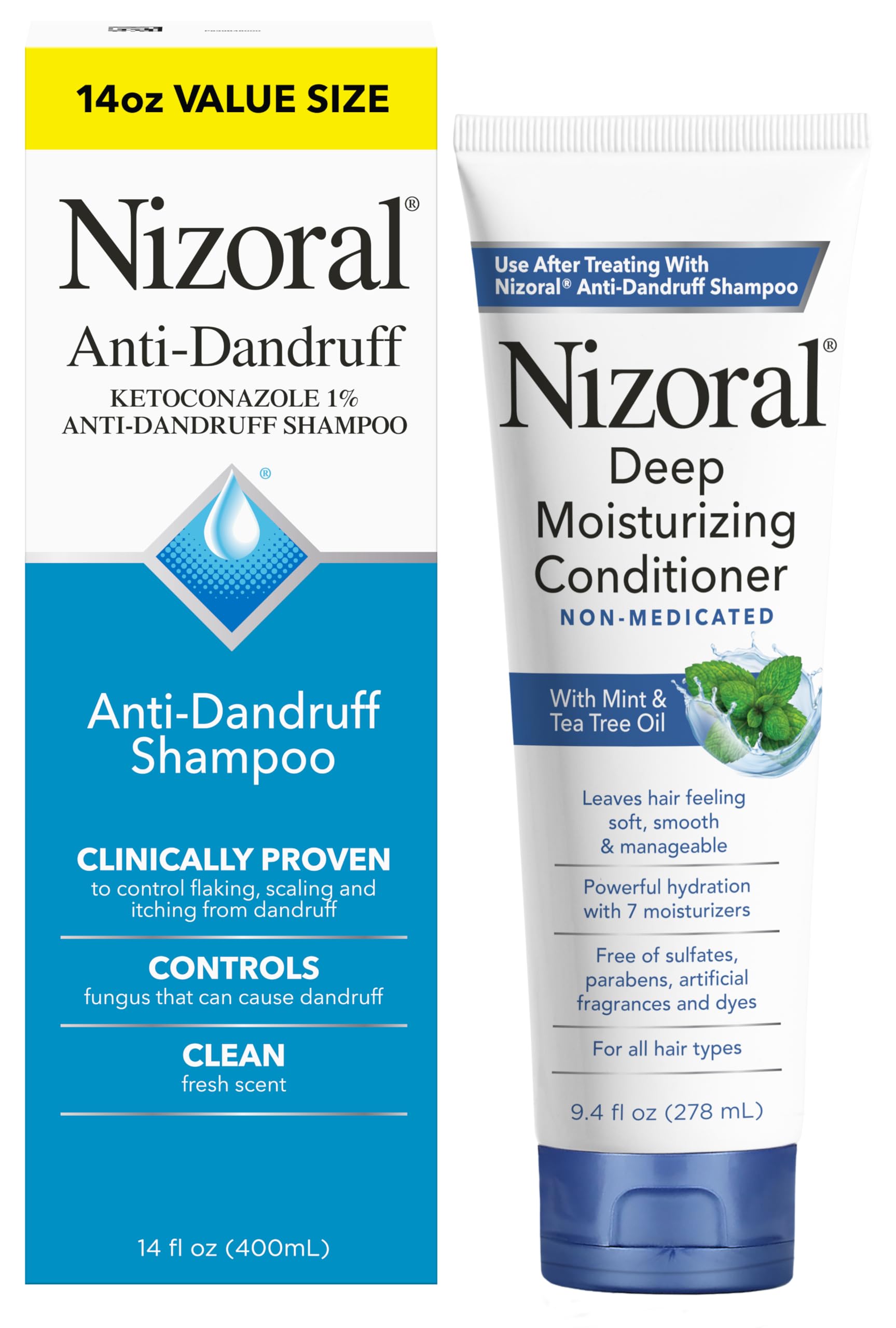 Nizoral shampoo bottle pour showing quick scalp relief.