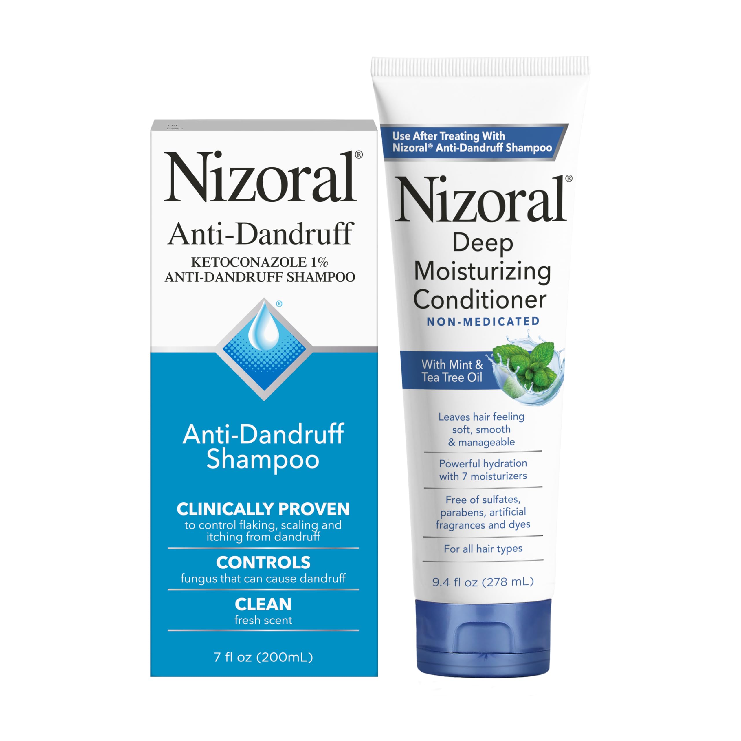 Nizoral shampoo bottle highlights ketoconazole 1% for anti-dandruff care.