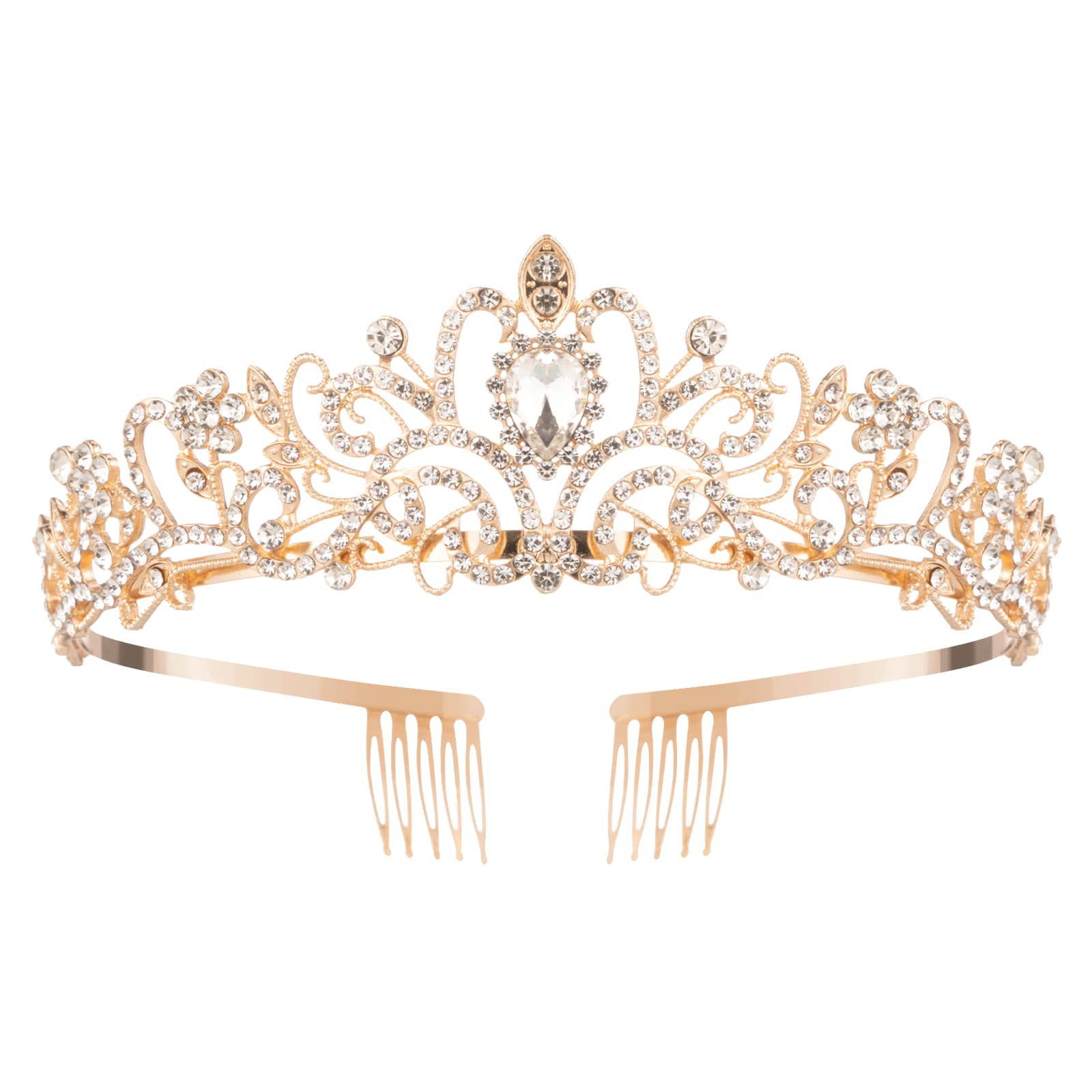 Nljihkure Gold Crystal Crown front view with sparkling rhinestones for special occasions.