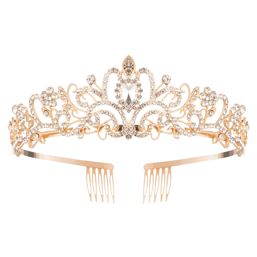 Nljihkure Gold Crystal Crown front view with sparkling rhinestones for special occasions.