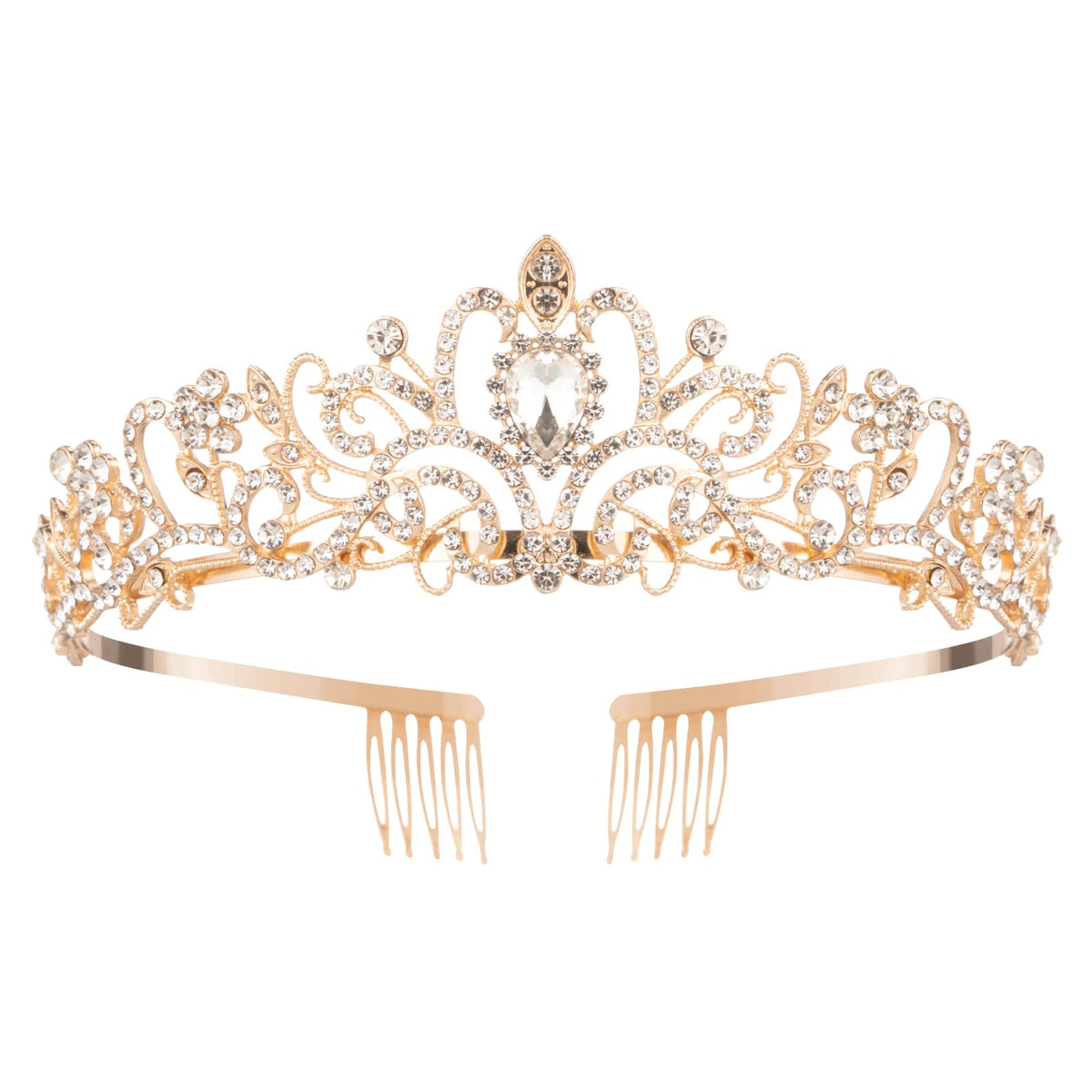 Nljihkure Gold Crystal Crown front view with sparkling rhinestones for special occasions.
