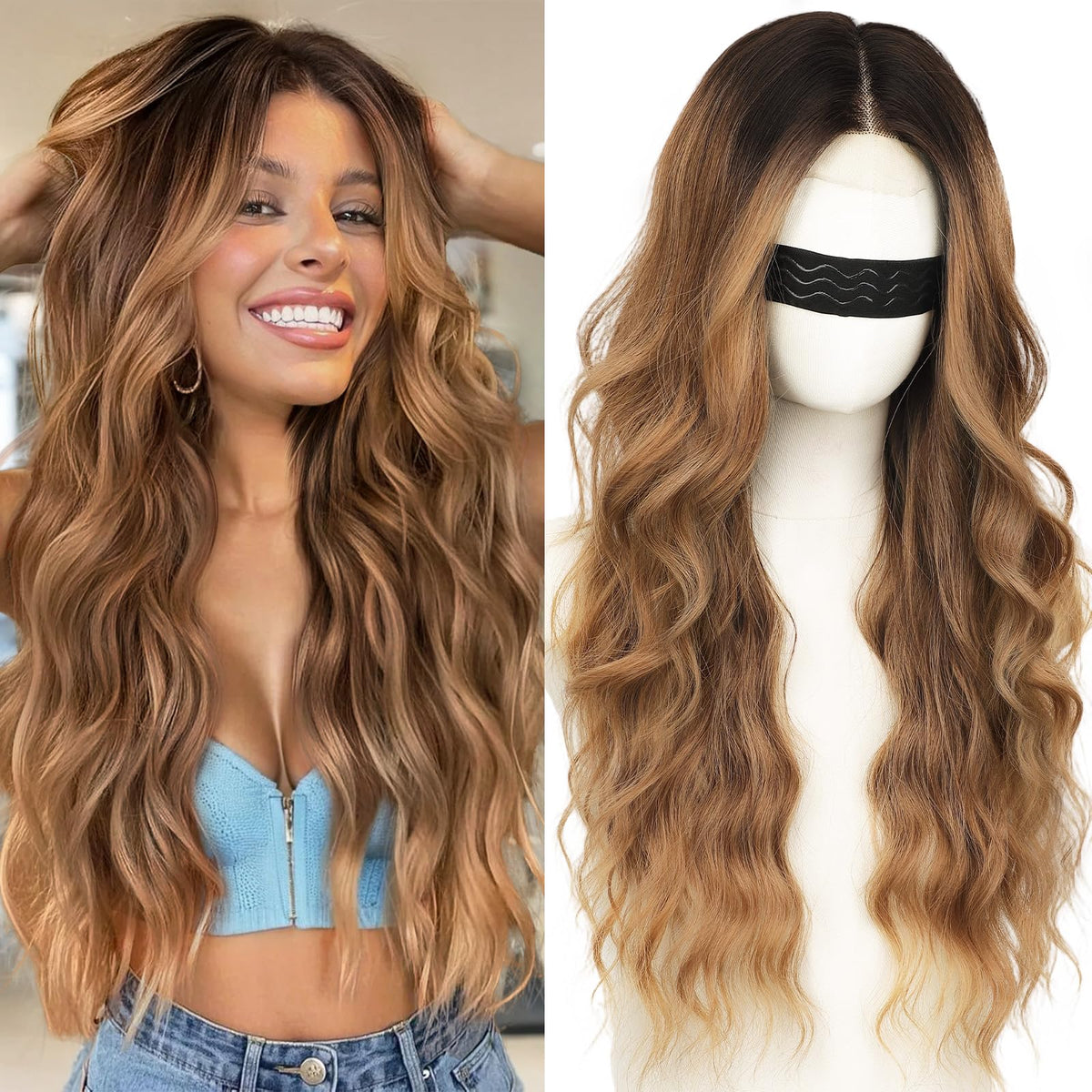 Nnzes 26in brown-mixed blonde wavy wig, front view, versatile daily wear.