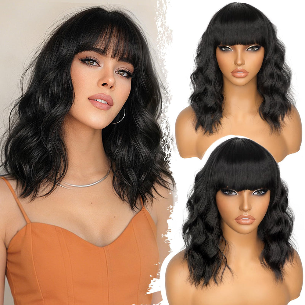 Nnzes Black Wavy Wig with Bangs front view for natural daily style