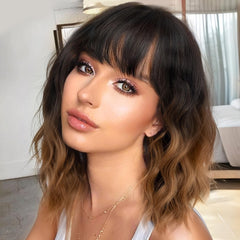 Nnzes short wavy wig with bangs in ombre brown for natural movement and daily wear.