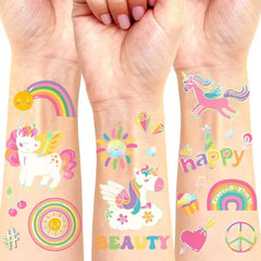 NO RAGRETS unicorn tattoos four sheets with large designs for kids' parties.