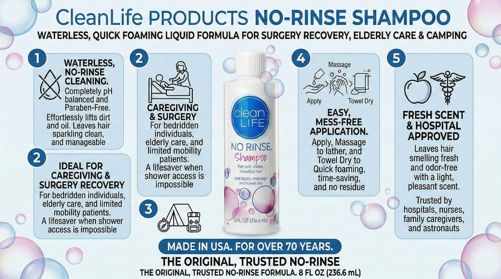 No-Rinse CleanLife Shampoo massaged into hair to create a lather.