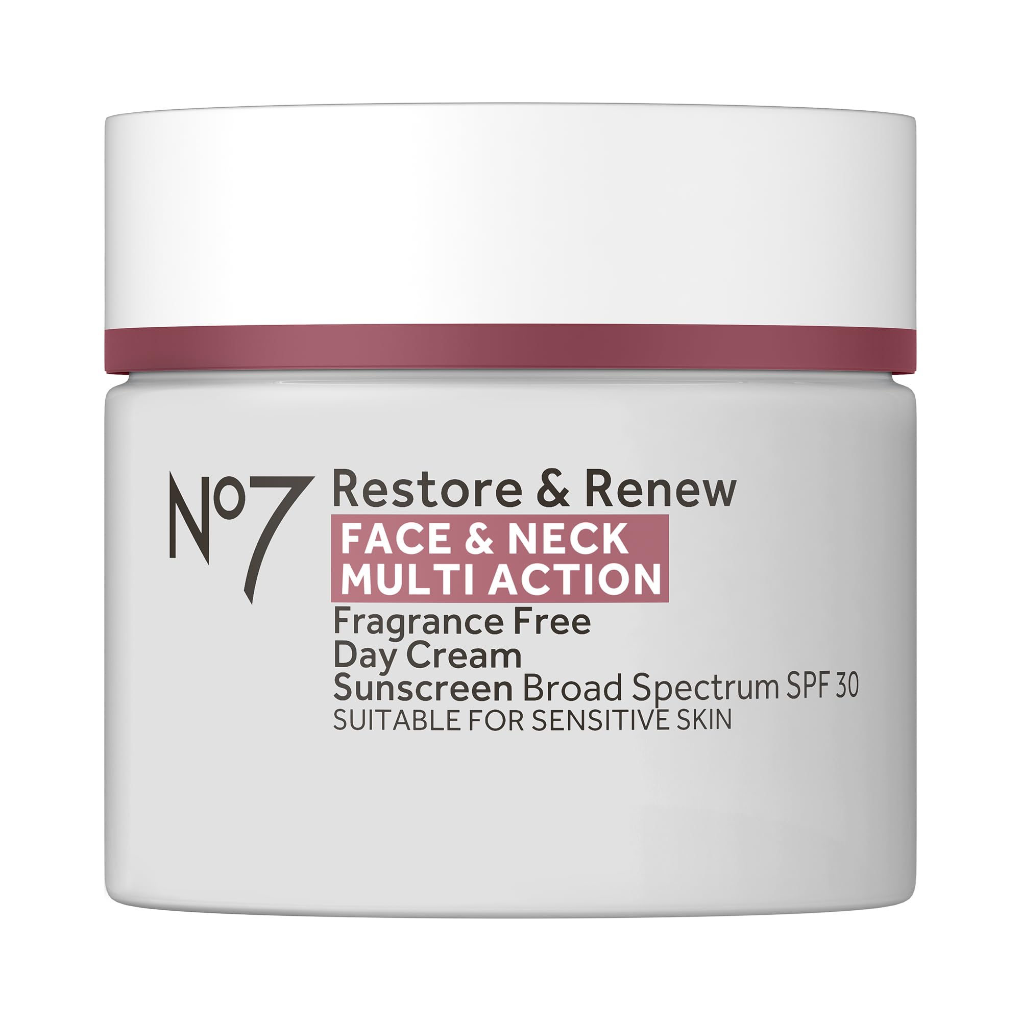 Crema No7 Restore & Renew para rostro y cuello con SPF 30, protección diaria.