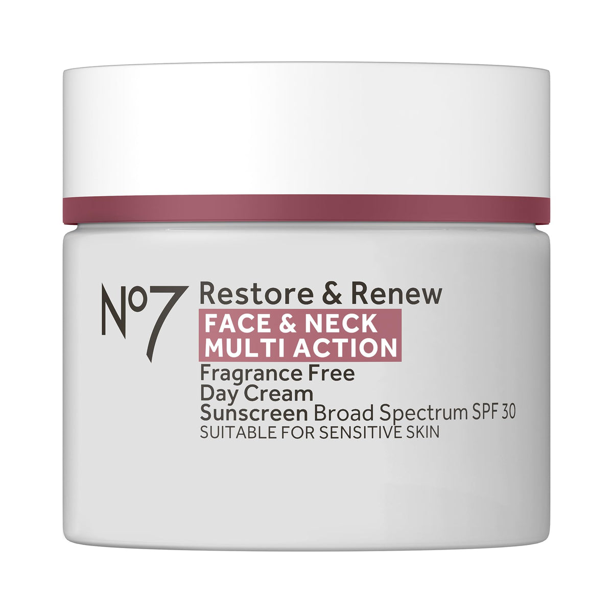 Crema No7 Restore & Renew para rostro y cuello con SPF 30, protección diaria.