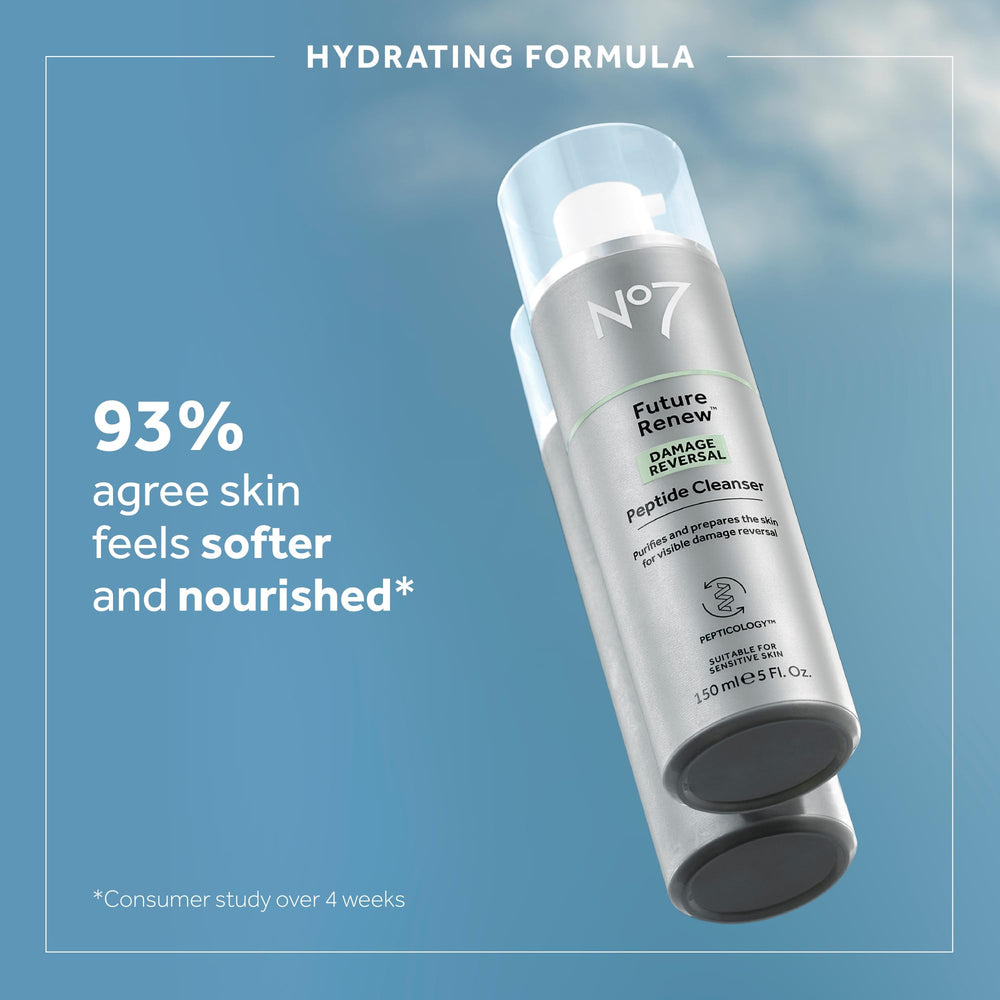 Close-up of No7 Future Renew cleanser texture indicating hydrating, gentle foam.