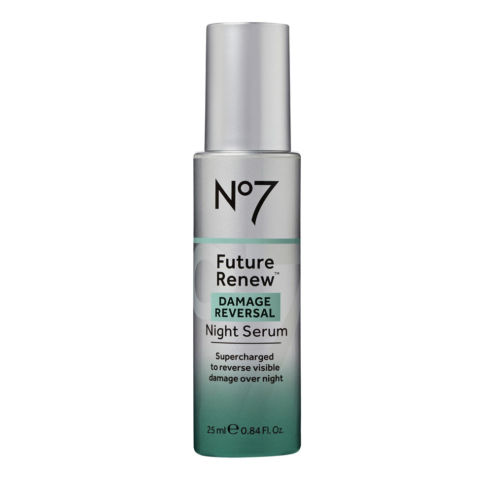No7 Future Renew Night Serum bottle on a vanity promoting overnight renewal.