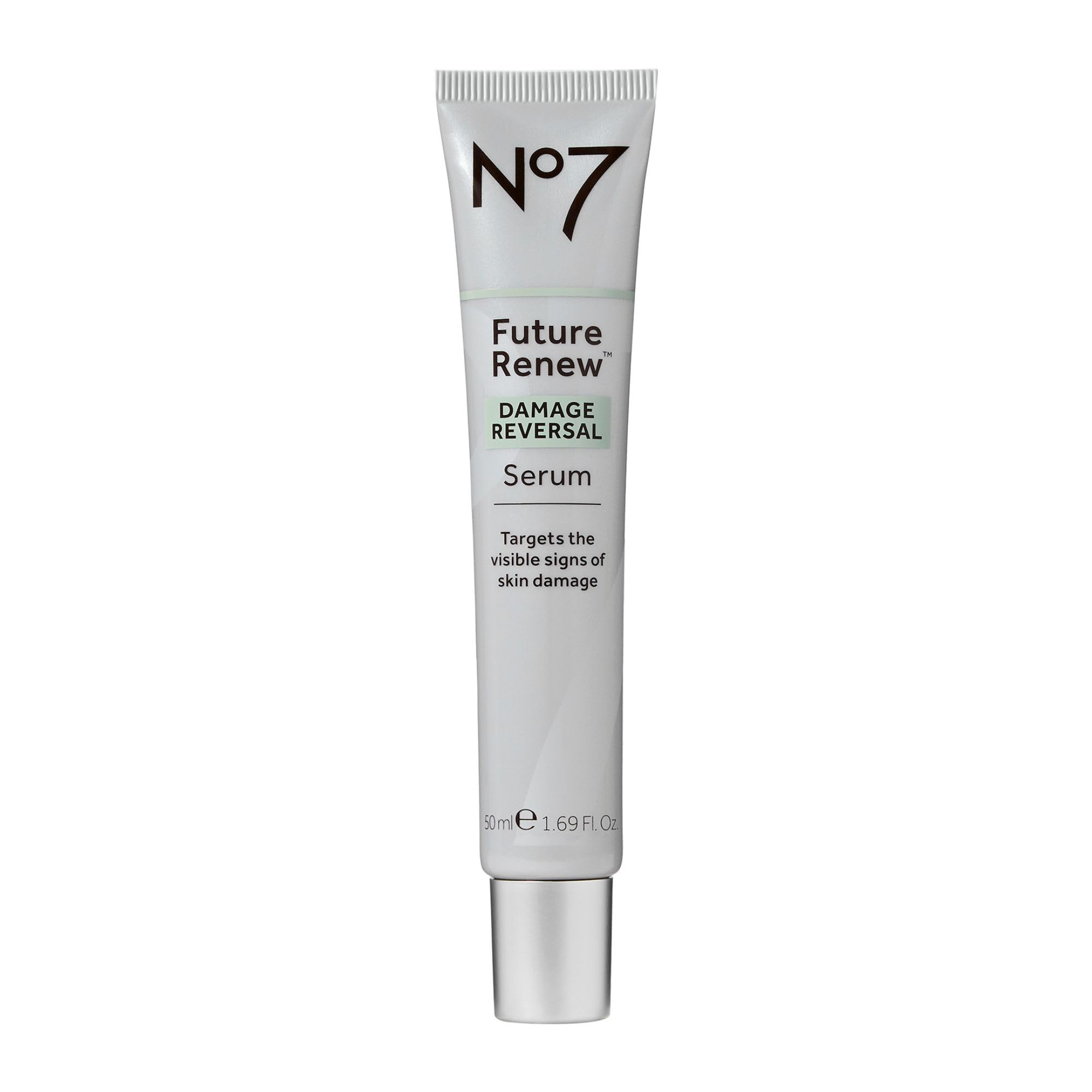 No7 Future Renew serum bottle shown, fast-absorbing formula for daily radiance.
