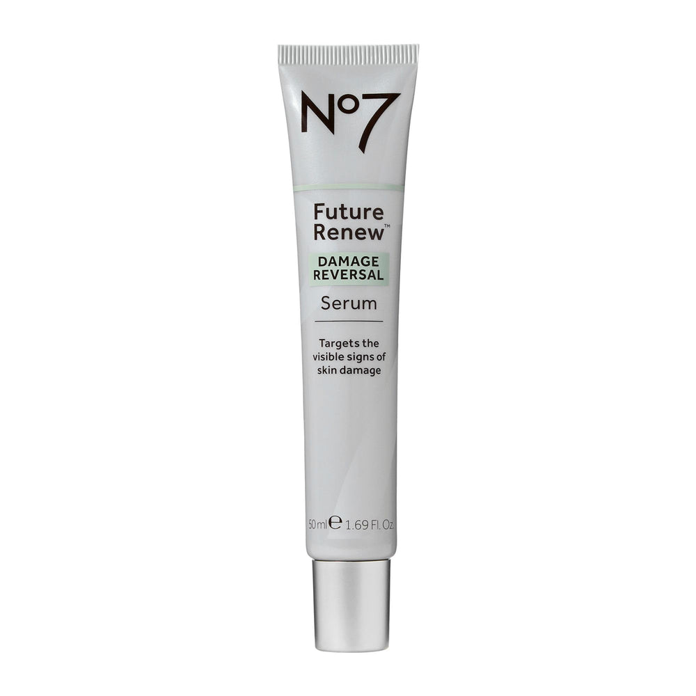 No7 Future Renew serum bottle shown, fast-absorbing formula for daily radiance.