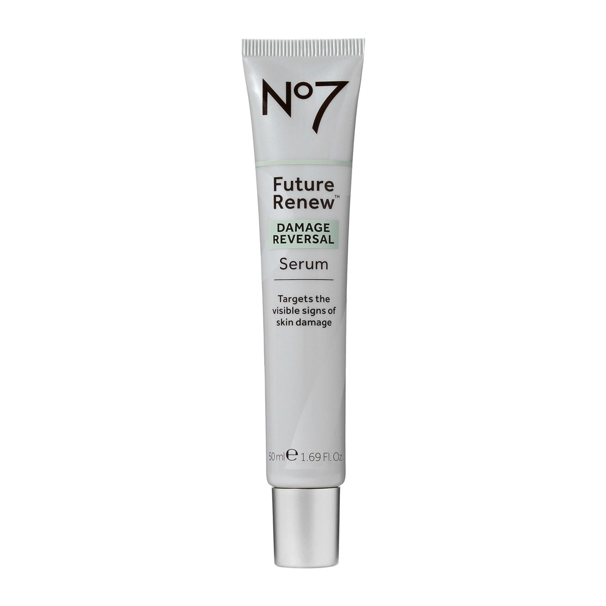 No7 Future Renew serum bottle shown, fast-absorbing formula for daily radiance.