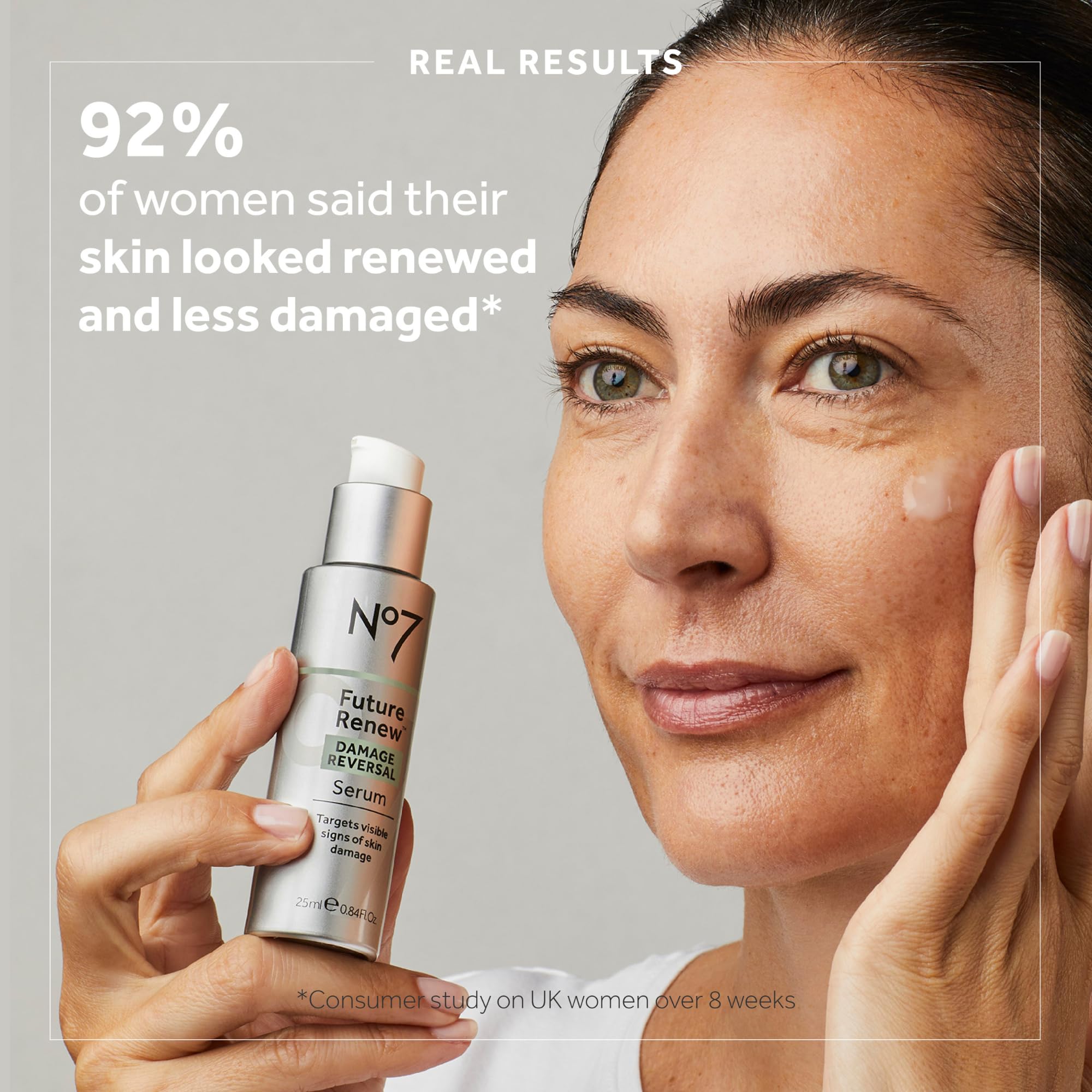 No7 Future Renew serum pump dispense enables precise, even application.