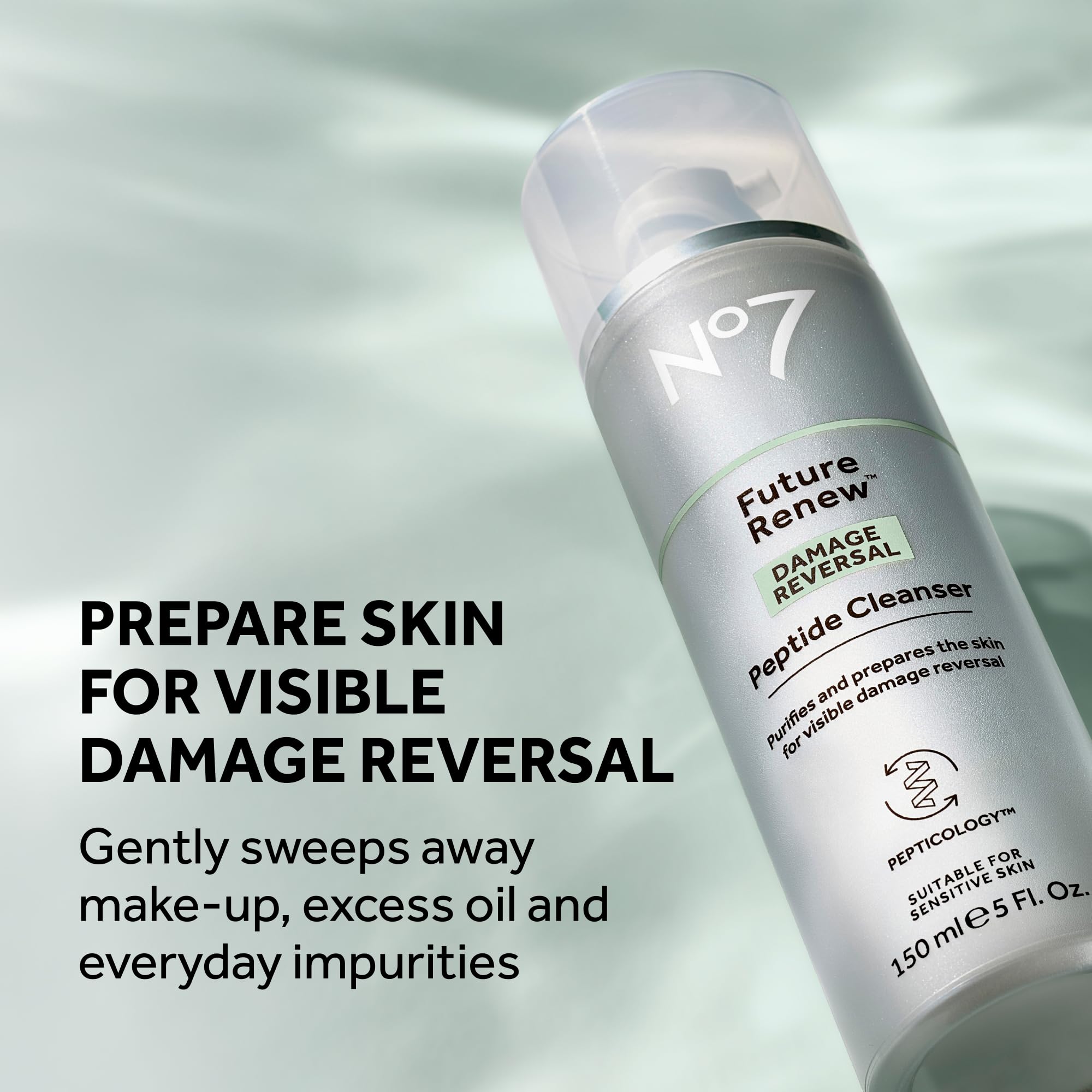No7 Future Renew cleanser foam pump shown for daily use and skin prep.