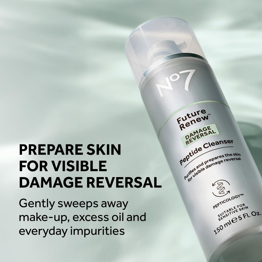 No7 Future Renew cleanser foam pump shown for daily use and skin prep.