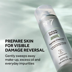 No7 Future Renew cleanser foam pump shown for daily use and skin prep.