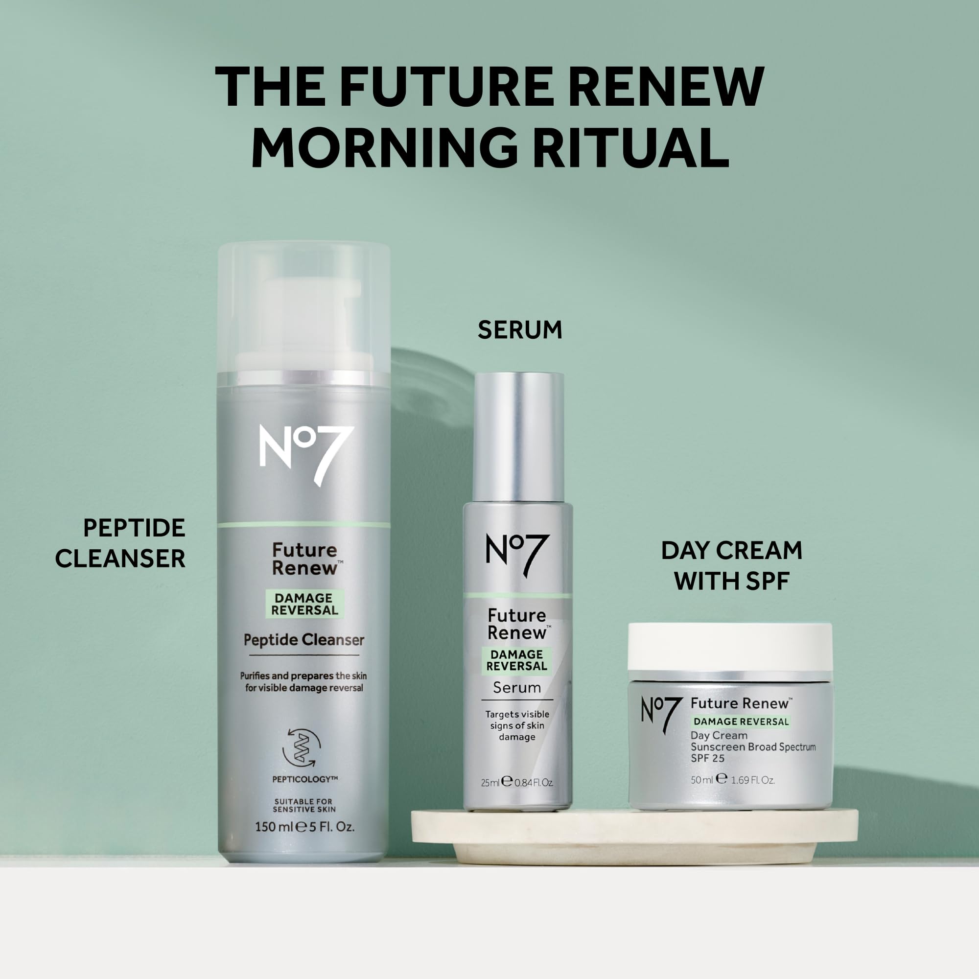 Front view of No7 Future Renew packaging signaling fragrance-free solution.