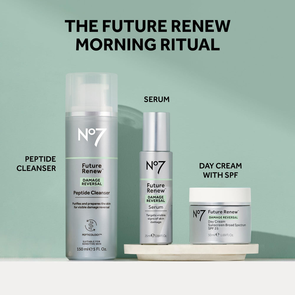 Front view of No7 Future Renew packaging signaling fragrance-free solution.
