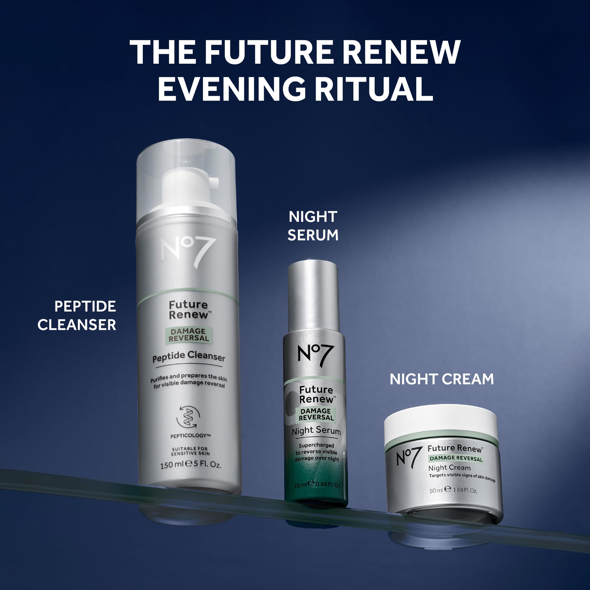 No7 Future Renew bottle photographed in soft lighting suggesting radiance.