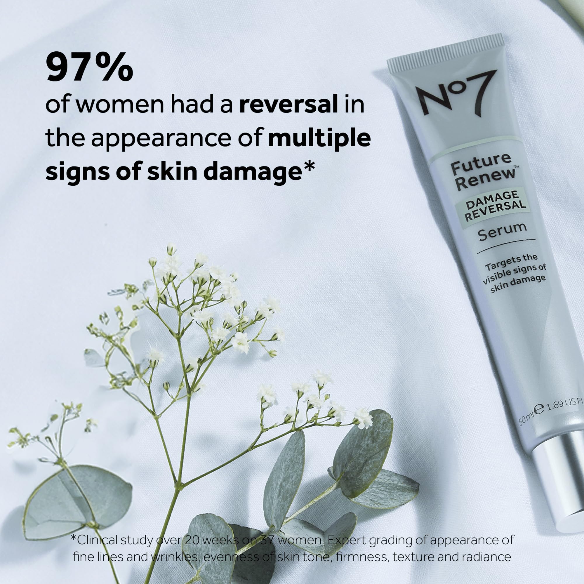 No7 formula blends antioxidants and peptides for skin support.