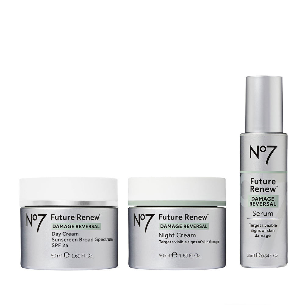 No7 Future Renew serum bottle close-up showing lightweight, fast-absorbing formula.