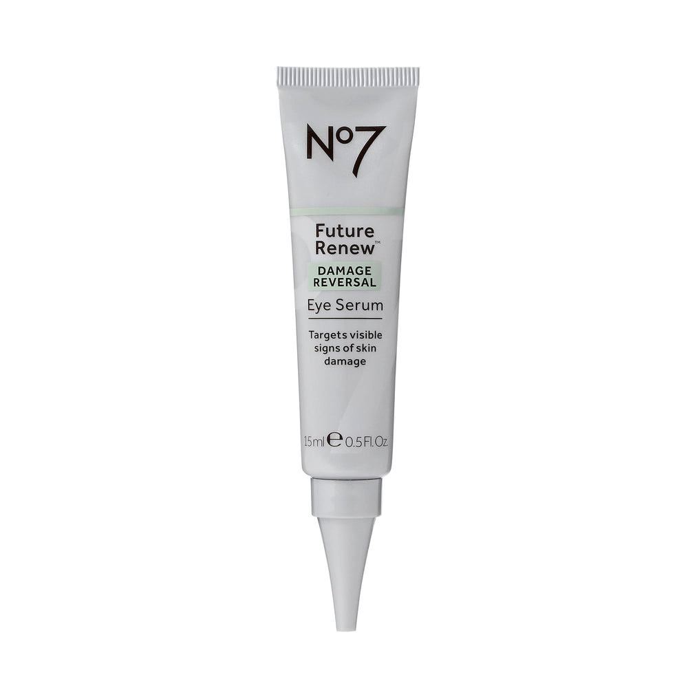 No7 Future Renew Serum para ojos, envase elegante para uso diario.