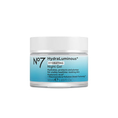 No7 HydraLuminous+ botella-vertido, hidratación nocturna para despertar piel suave.