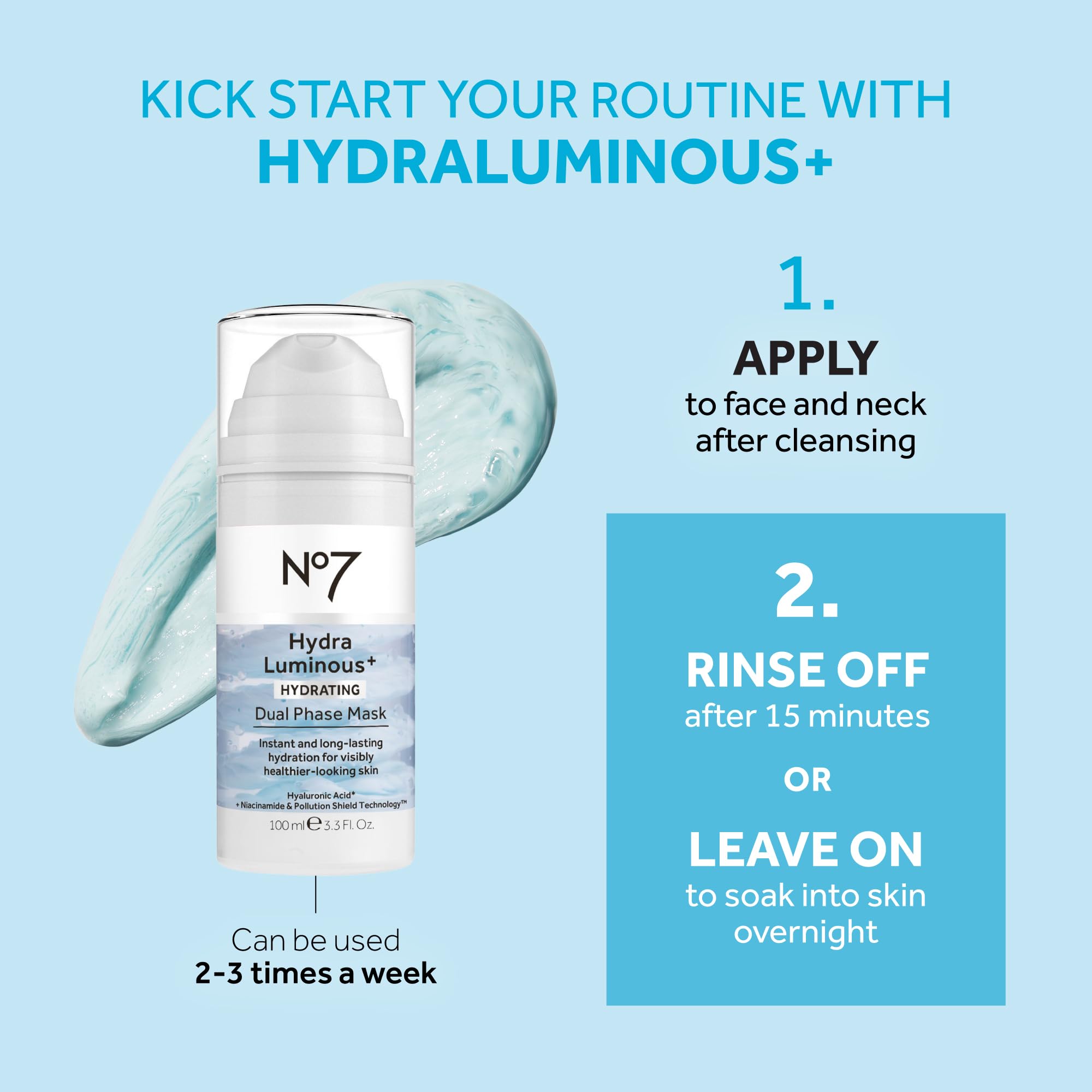No7 HydraLuminous+ Niacinamide and Hyaluronic Acid support moisture retention.