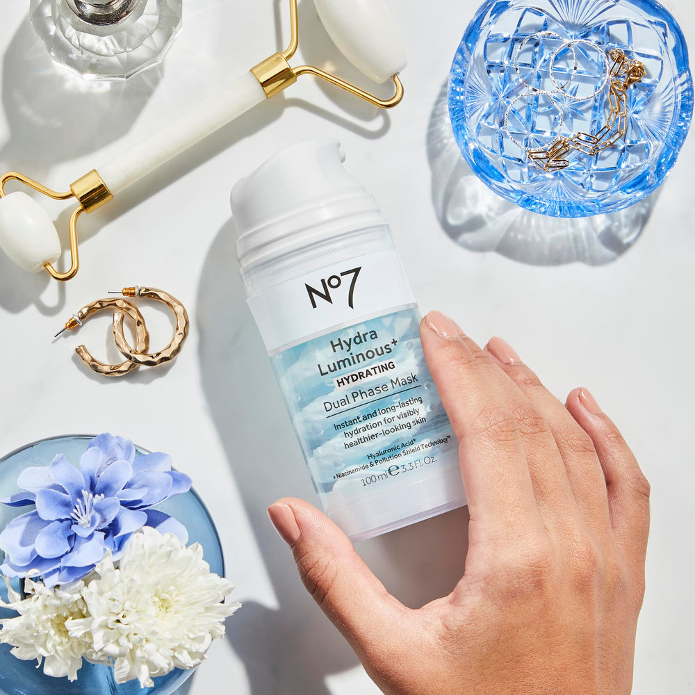 No7 HydraLuminous+ Pollution Shield graphic communicates protection against pollutants.