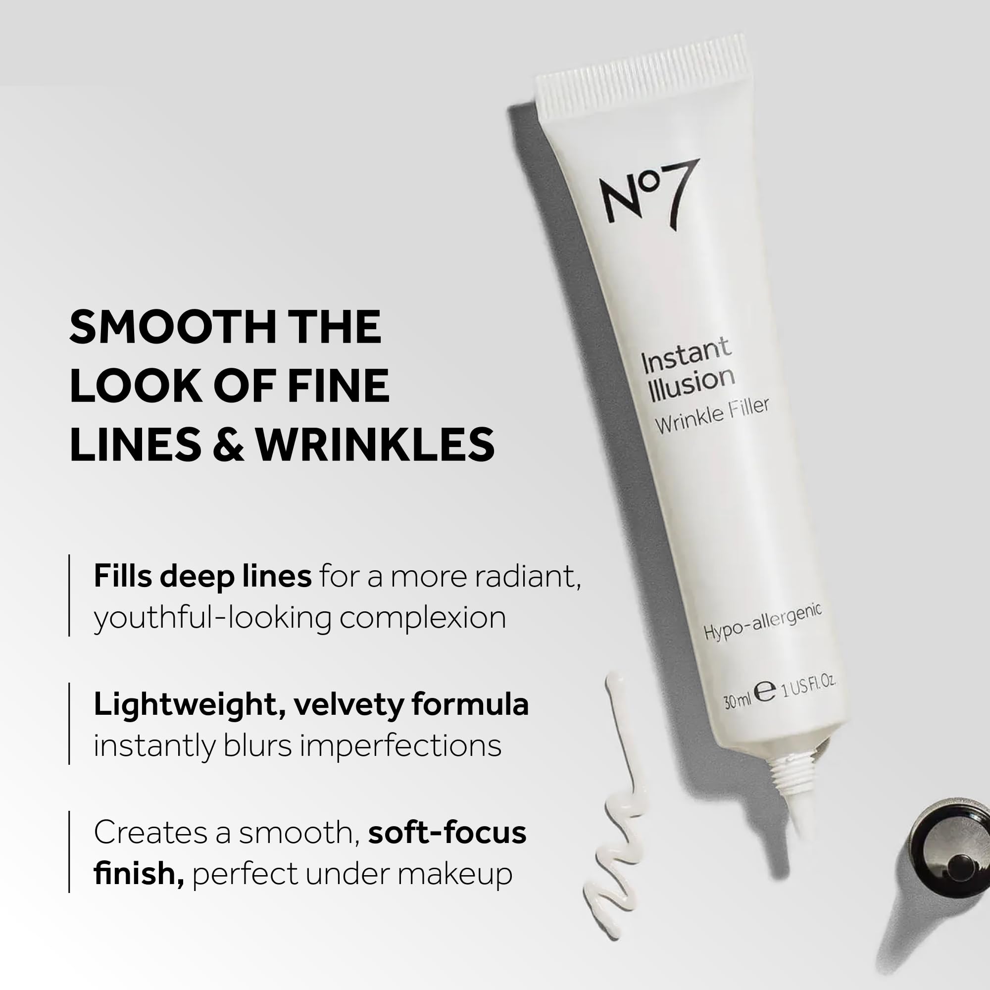 No7 Instant Illusion Wrinkle Filler con dispensador, aplicación precisa para uso diario.