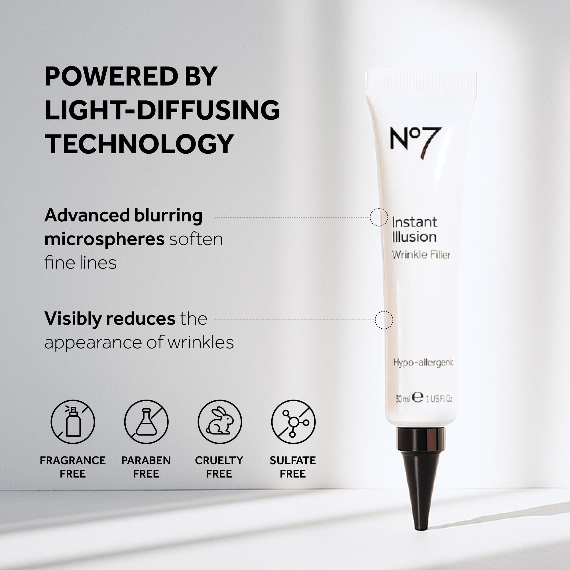 No7 Instant Illusion Wrinkle Filler, textura suave que deja la piel uniforme.