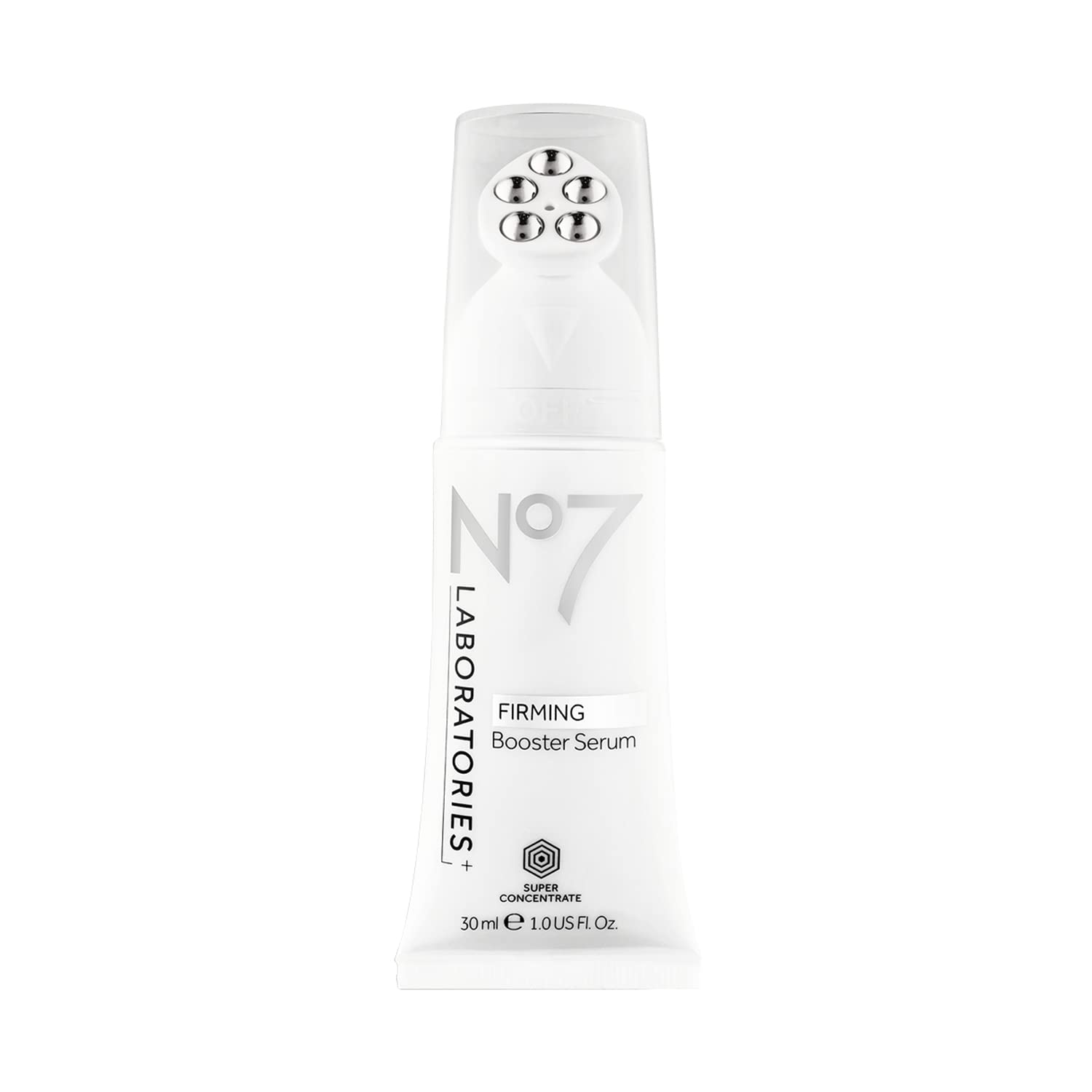 No7 Laboratories Firming Booster bottle close-up showing hydrating serum texture for daily use